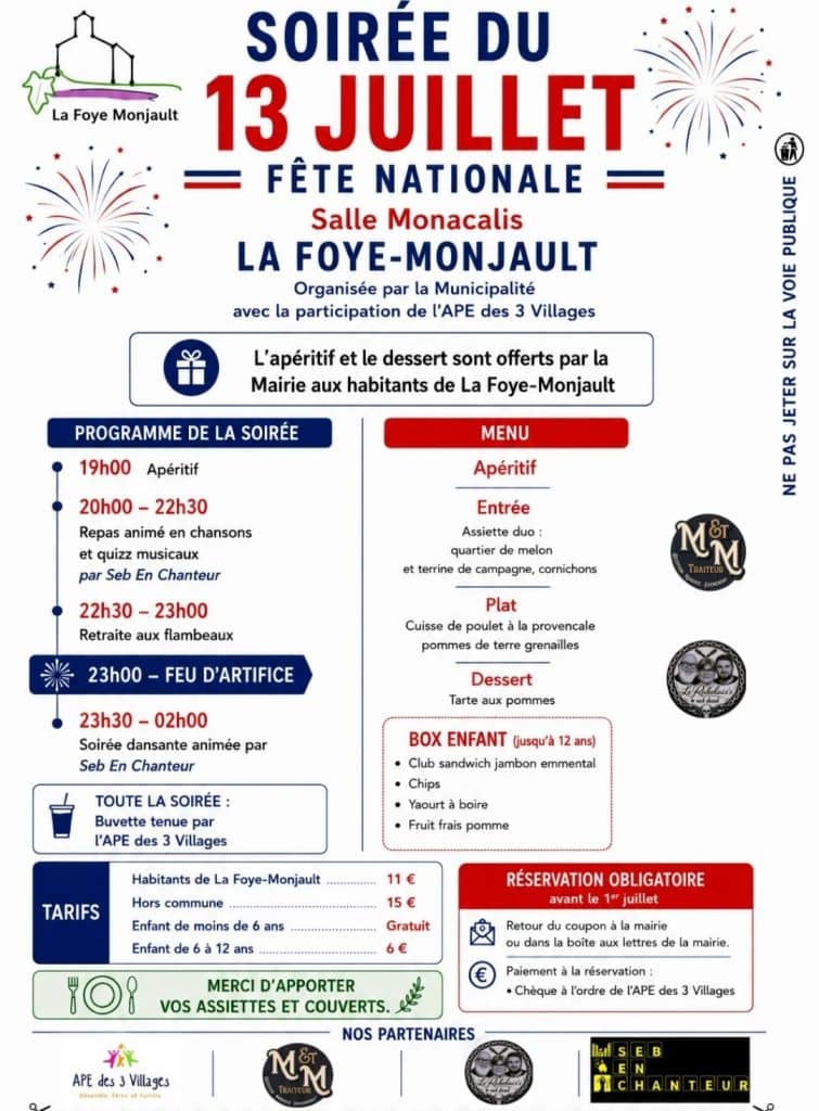 Venez nombreux célébrer la Fête Nationale à LA FOYE MONJAULT !
